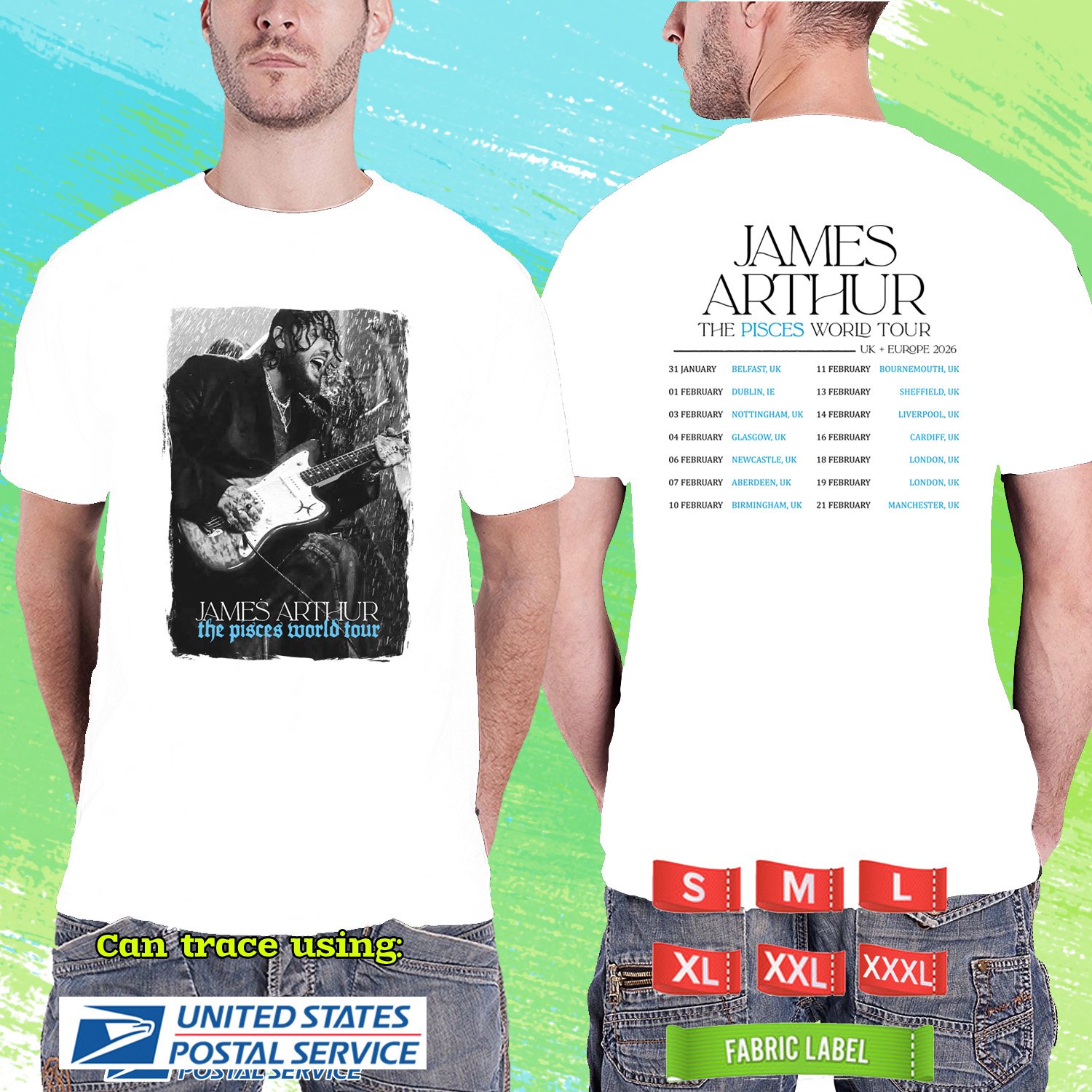 JAMES ARTHUR THE PISCES EUROPE UK TOUR 2026. JAMES ARTHUR. WHITE TSHIRT UNISEX RDF01