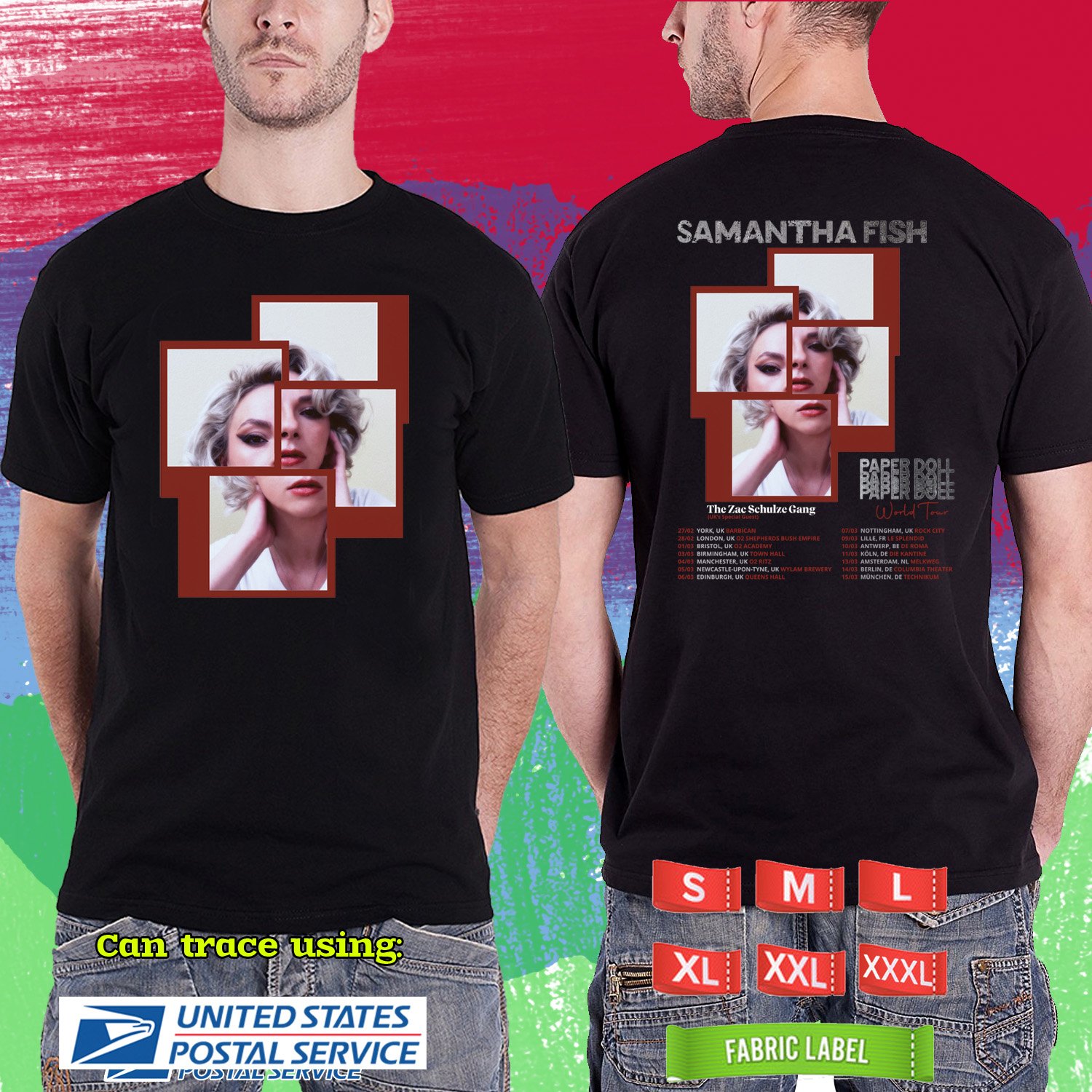 SAMANTHA FISH PAPER DOLL WORLD TOUR 2026. SAMANTHA FISH. BLACK TSHIRT UNISEX RDF01