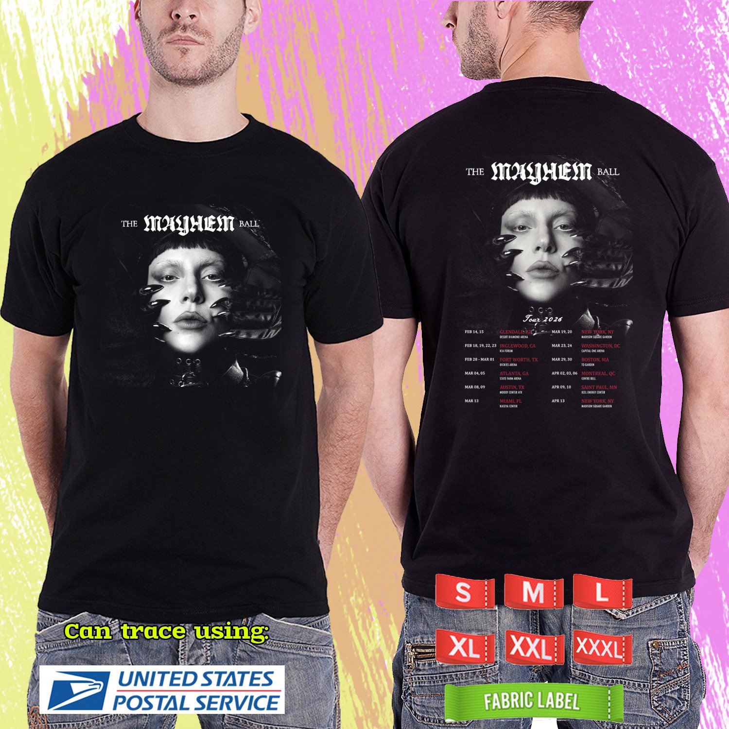 LADY GAGA THE MAYHEM BALL FINAL LEG N.AMERICA TOUR 2026. LADY GAGA. BLACK TSHIRT UNISEX RDF01