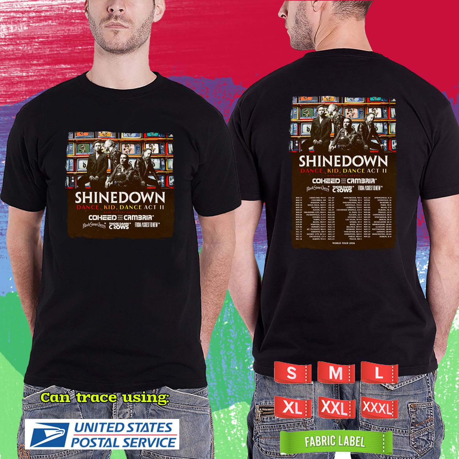 SHINEDOWN DANCE KID DANCE ACT II WORLD TOUR 2026. SHINEDOWN. BLACK TSHIRT UNISEX RDF01