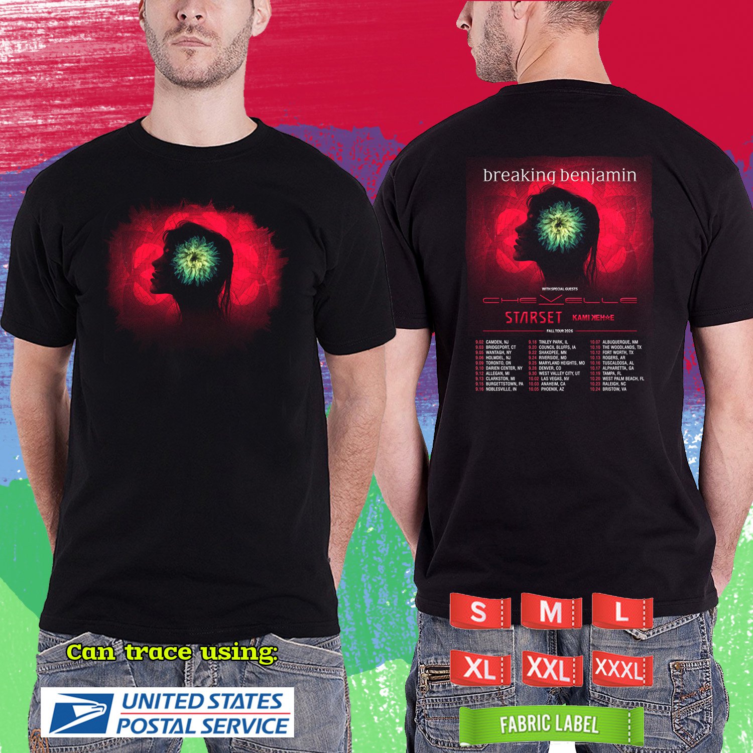 BREAKING BENJAMIN FALL NORTH AMERICAN TOUR 2026. BREAKING BENJAMIN. BLACK TSHIRT UNISEX RDF02