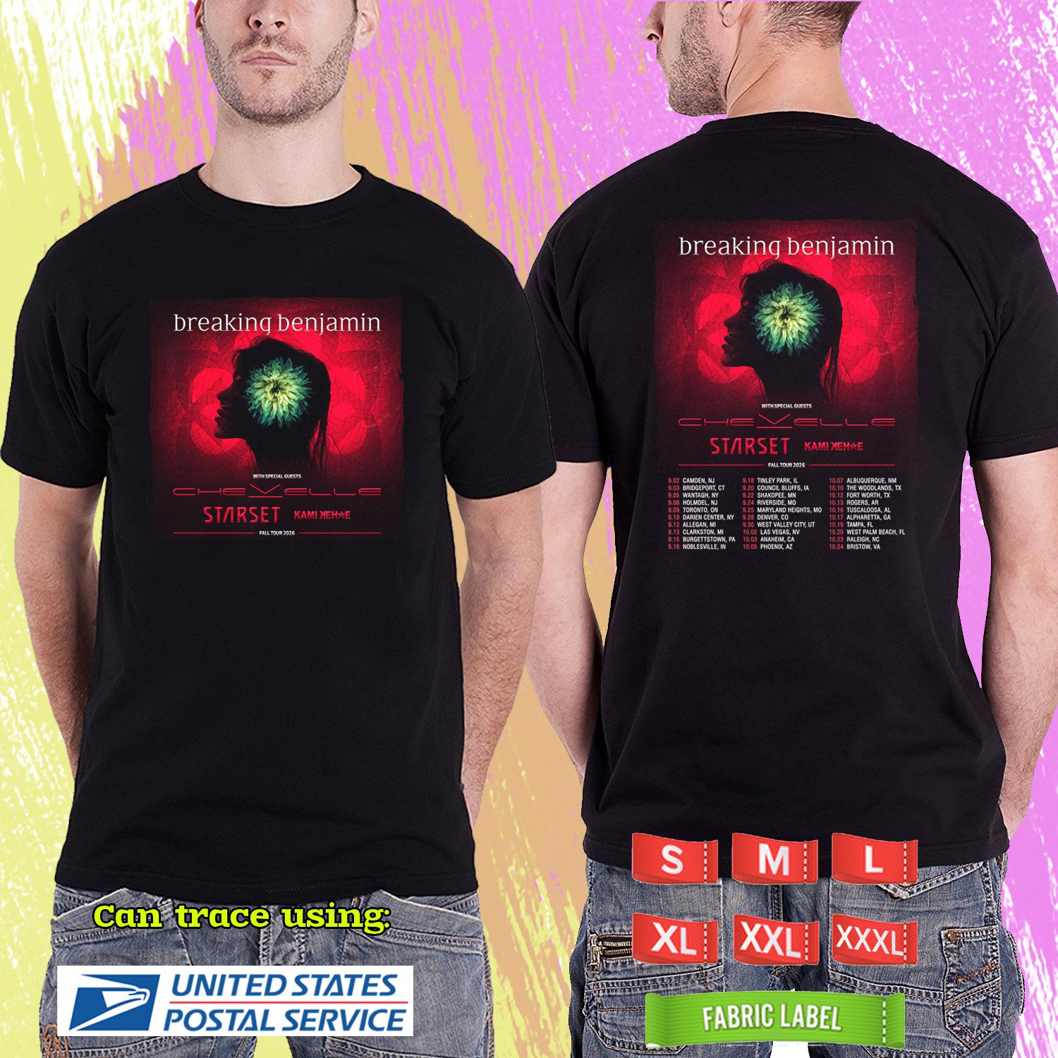 BREAKING BENJAMIN FALL NORTH AMERICAN TOUR 2026. BREAKING BENJAMIN. BLACK TSHIRT UNISEX RDF01