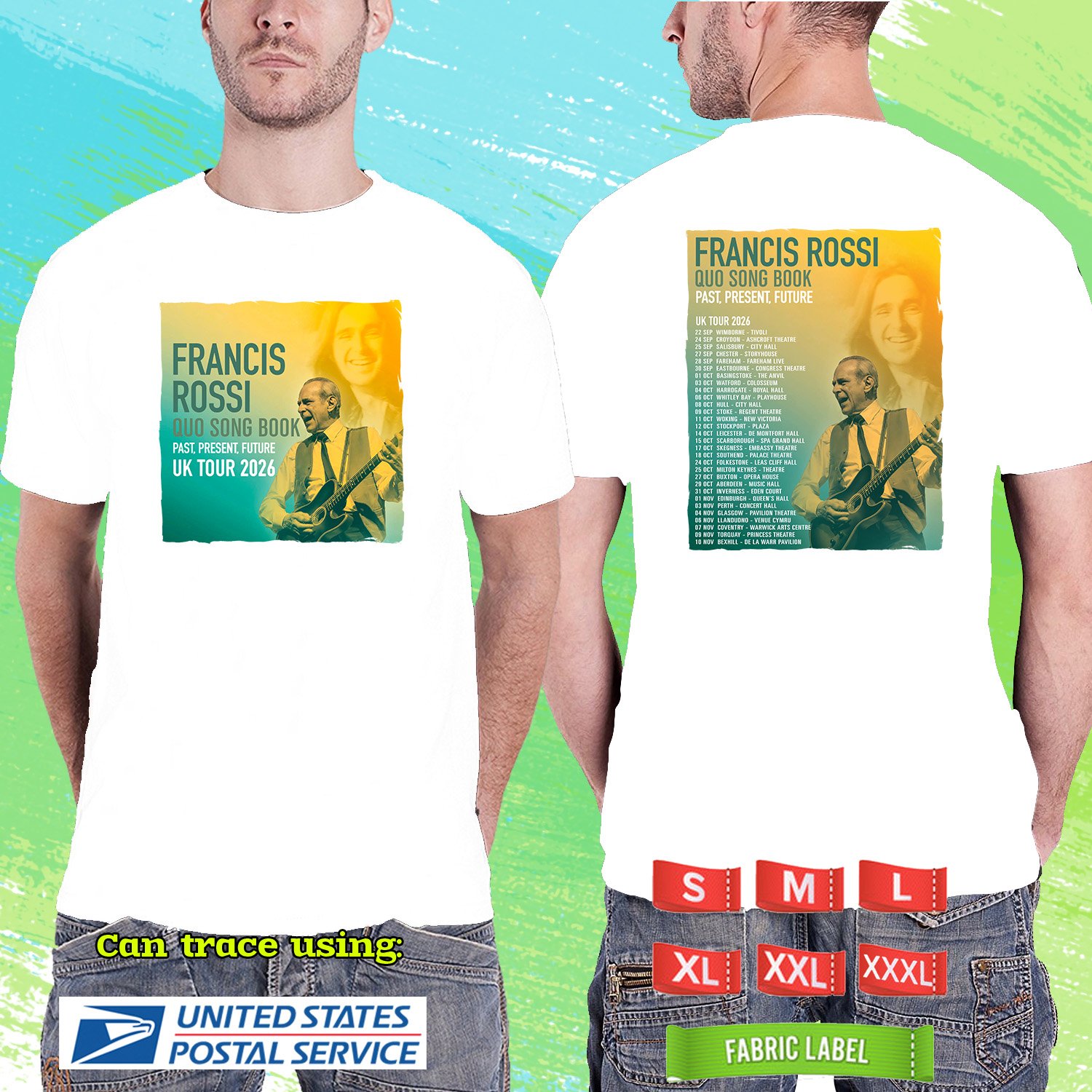 FRANCIS ROSSI QUO SONG BOOK U.K. TOUR 2026. FRANCIS ROSSI. WHITE TSHIRT UNISEX RDF01