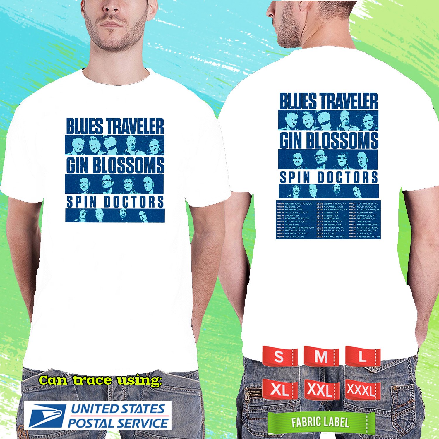 BLUES TRAVELLER W GIN BLOSSOM SUMMER USA TOUR 2026. BLUES TRAVELLER. WHITE TSHIRT UNISEX RDF01