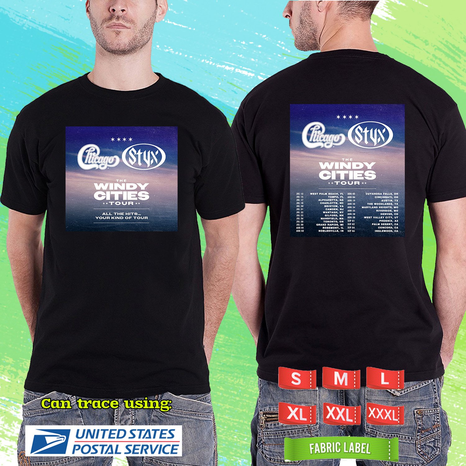 CHICAGO WITH STYX THE WINDY CITIES TOUR 2026. CHICAGO. STYX. BLACK TSHIRT UNISEX RDF01