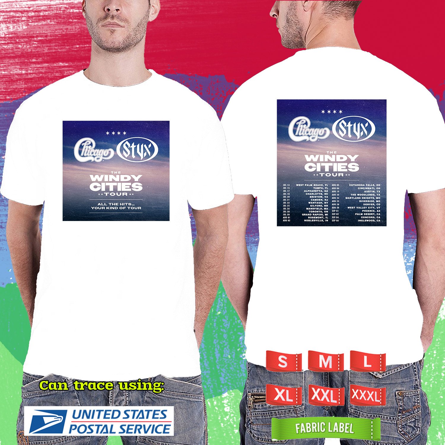 CHICAGO WITH STYX THE WINDY CITIES TOUR 2026. CHICAGO. STYX. WHITE TSHIRT UNISEX RDF01