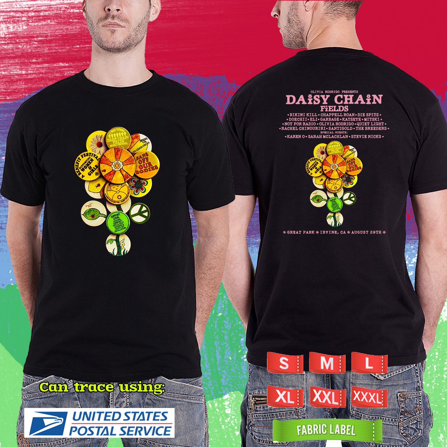 DAISY CHAIN FIELDS MUSIC FESTIVAL 2026. DAISY CHAIN FIELDS FESTIVAL. BLACK TSHIRT UNISEX RDF01