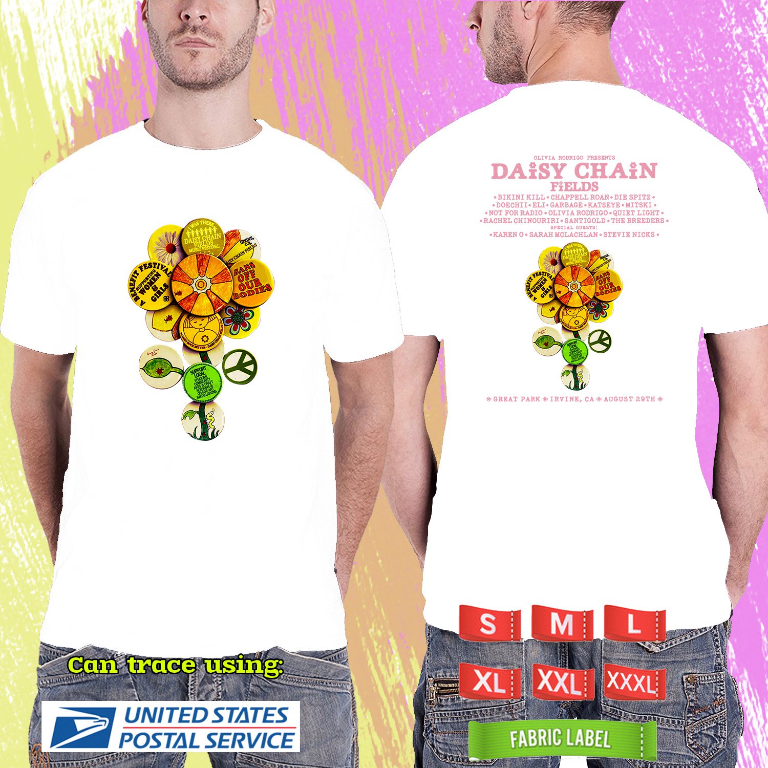 DAISY CHAIN FIELDS MUSIC FESTIVAL 2026. DAISY CHAIN FIELDS FESTIVAL. WHITE TSHIRT UNISEX RDF01