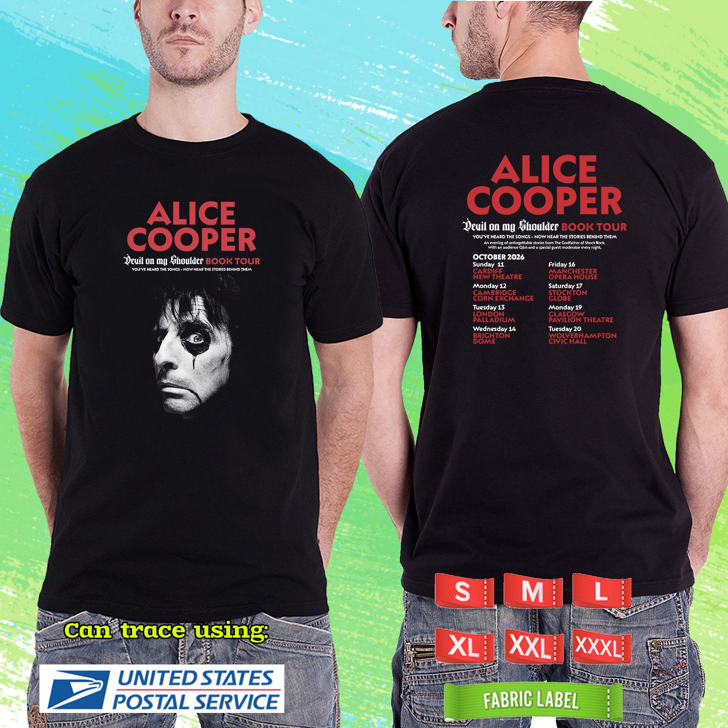 ALICE COOPER DEVIL ON MY SHOULDER BOOK UK TOUR 2026. ALICE COOPER. BLACK TSHIRT UNISEX RDF01
