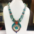 JAN1812-Vintage Tibetan Silver Turquoise Tribal Buddha Nepal Handmade Necklace