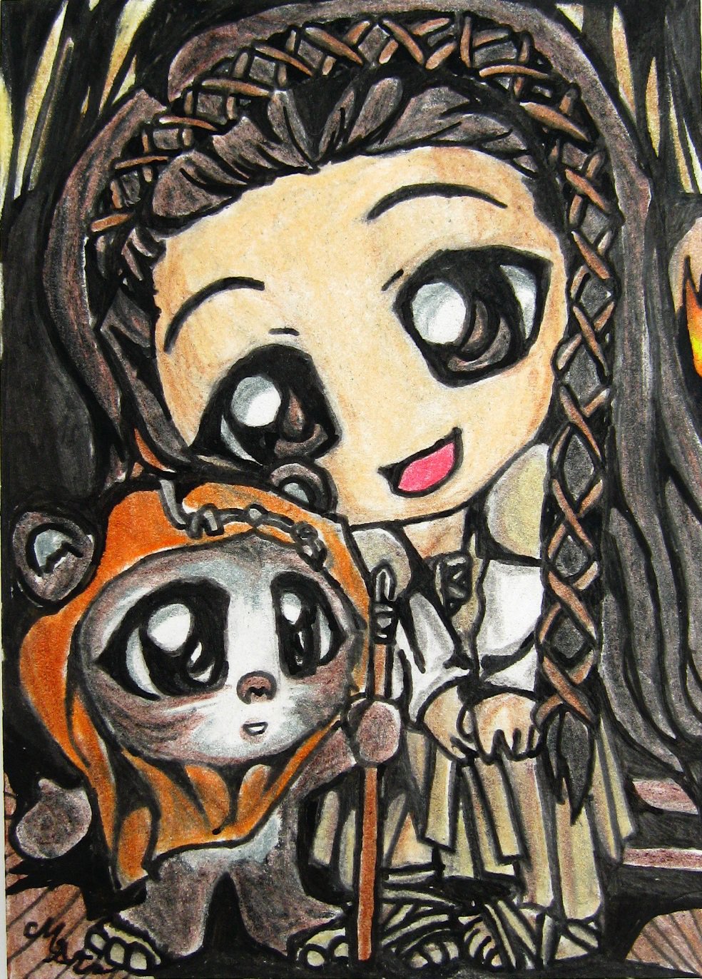 Star Wars Princess Leia And Ewok Wicket Japanese Anime Art Sketch Card