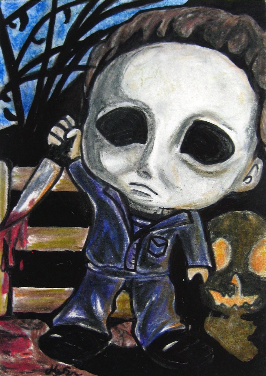 Halloween Michael Myers Japanese Anime Original Sketch Card Drawing ACEO 1/1 by Maia