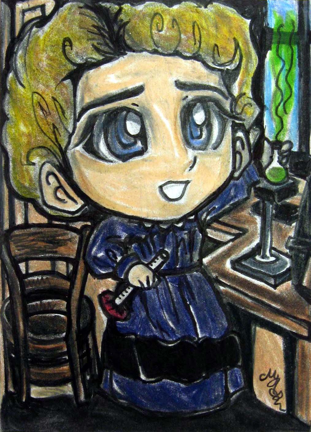 Scientist Marie Curie Japanese Anime Art Original Sketch Card Drawing ACEO PSC 1/1 by Maia