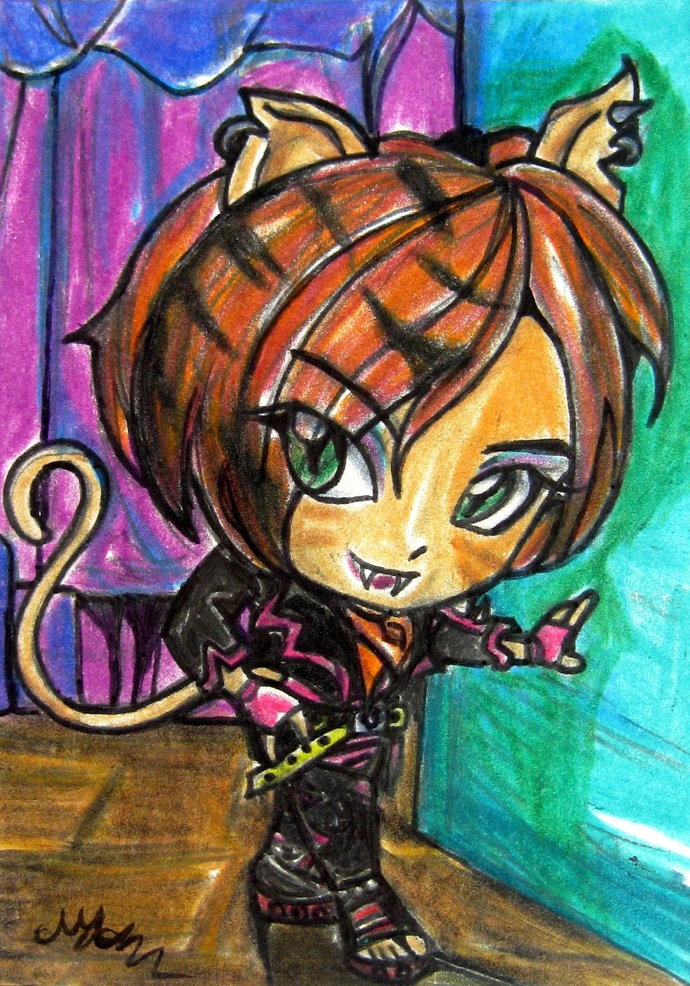 Monster High Toralei Stripes Werecat Japanese Anime Original Sketch Card Drawing ACEO PSC 1/1 Maia