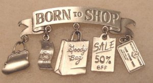Born to Shop signed JJ pin brooch pewter color metal vintage jewelry charms, purse, goody bag, more