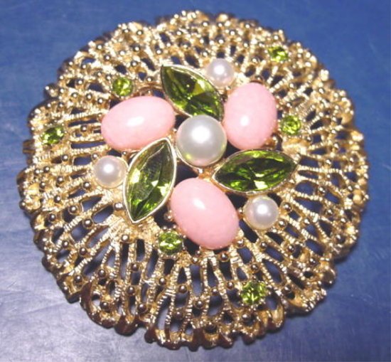 Sarah Coventry Fashion Splendor brooch rhinestones green, pink, faux ...