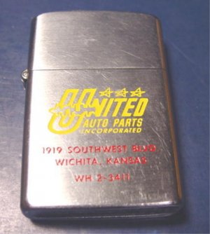 Barlow vintage advertising cigarette lighter United Auto Parts enameled Wichita Kansas Ks.