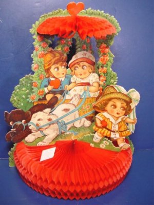 German Valentine die cut vintage big eyed children 3-D honeycomb Germany large greeting card