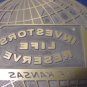 Brass metal world globe art deco printing plate vintage Investors Life Reserve Kansas printers type
