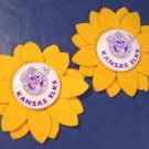 Kansas Elks vintage metal pin 2 pinback buttons yellow felt sunflowers BPOE Order of Elks fraternal