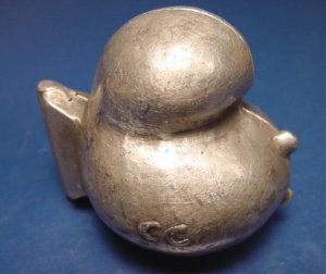 Antique figural pewter French ice cream mold baby chick signed CC, Cadot et Cie France chicken mould