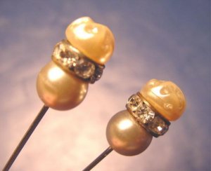 Pair vintage faux pearl two hat pins clear crystal rhinestones simulated pearls rhinestone