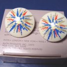 Vintage Fireworks Avon 1988 pierced earrings blue red gold color bursts, white cream plastic, box