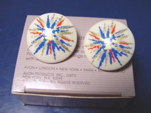 Vintage Fireworks Avon 1988 pierced earrings blue red gold color bursts, white cream plastic, box