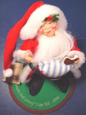 1994 vintage Annalee Mobilitee Doll Society logo kid Santa Claus costume boy, cookie, felt