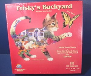 Frisky's backyard cat shape jigsaw and butterfly puzzle Mary Ann Lasher 800 piece box not opened