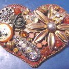 Artisan handcrafted big heart artist brooch pin copper colors aurora borealis rhinestones amber