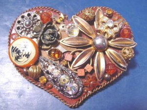 Artisan handcrafted big heart artist brooch pin copper colors aurora borealis rhinestones amber
