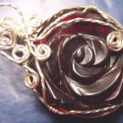 Garnet red rose artisan handcrafted sterling silver wire wrapped artist translucent necklace pendant