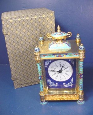Vintage oriental cloisonne carriage clock beveled glass porcelain painted portraits enamel brass