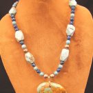 Turquoise bear pendant fetish sterling silver beads necklace hand crafted Native American artist