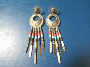 Zuni Q T Silver Sterling Native American Indian Earrings Turquoise Zuni Q T Silver Sterling Native American Indian Earrings Turquoise C Gemstones Beads Concho