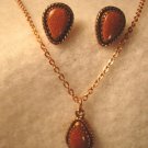 Copper teardrop pendant necklace chain, earrings vintage designer WM signed set gold-flecks stones