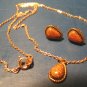 Copper teardrop pendant necklace chain, earrings vintage designer WM signed set gold-flecks stones