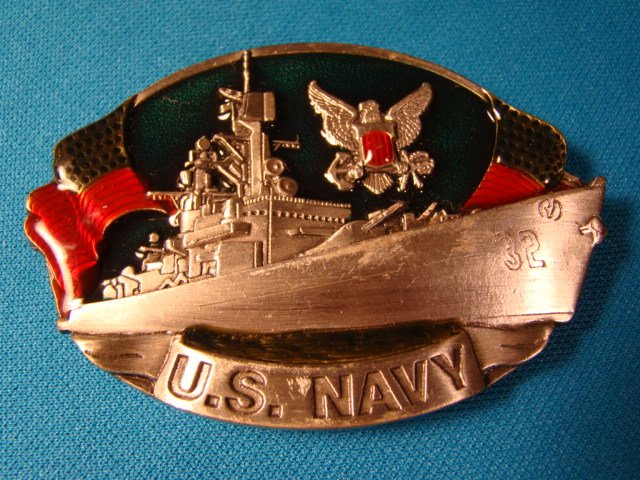 U.S. Navy carrier ship belt buckle 1981 Bergamot I-132 pewter red blue ...