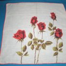 Red roses Colette vintage handkerchief flowers green long stems leaves on white hanky hankie