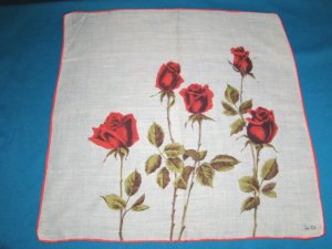 Red roses Colette vintage handkerchief flowers green long stems leaves on white hanky hankie