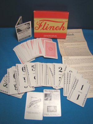 1938 Flinch playing card game Parker Brothers 150 cards instructions rules box, by A. J. Patterson