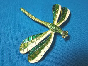 Dragonfly German enamel brooch flying bug pin big green white wings estate Germany metal