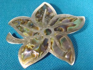 Taxco Mexico sterling silver brooch pin pendant abalone shell inlay flower vintage artist signed