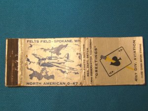 Spy airplane matchbook cover North American 0-47 116th Observation Squadron 41st Div. Ace Spades
