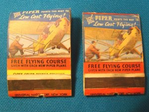 Piper Cub Aircraft 2 airplane matchbook covers light plane flying course Universal Match Co. 1930s