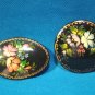 Russian black lacquer ware two brooch pins M. A. flower floral paper mache lacquerware jewelry