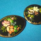 Russian black lacquer ware two brooch pins M. A. flower floral paper mache lacquerware jewelry