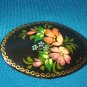 Russian black lacquer ware two brooch pins M. A. flower floral paper mache lacquerware jewelry