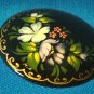Russian black lacquer ware two brooch pins M. A. flower floral paper mache lacquerware jewelry